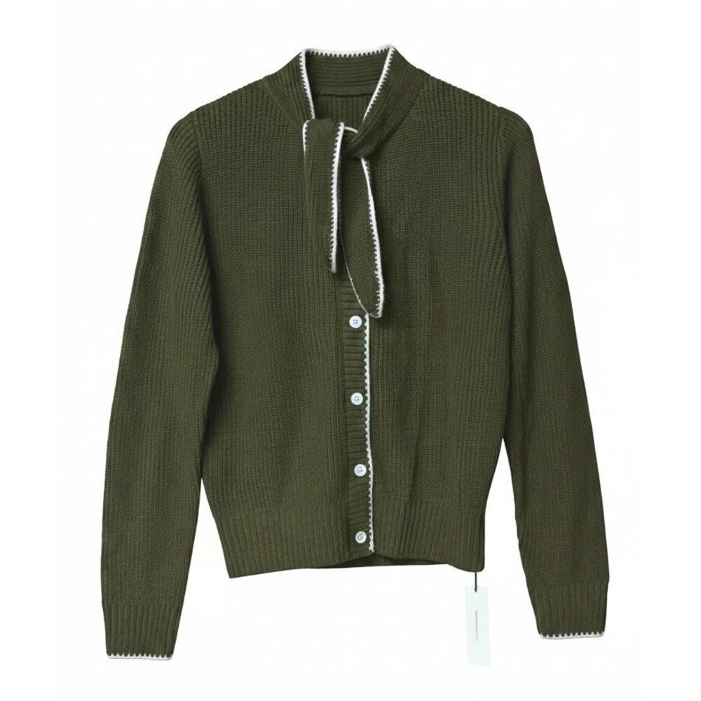 Commense Wool Blend Tie Neck Contrast Trim Cardigan Green Size M